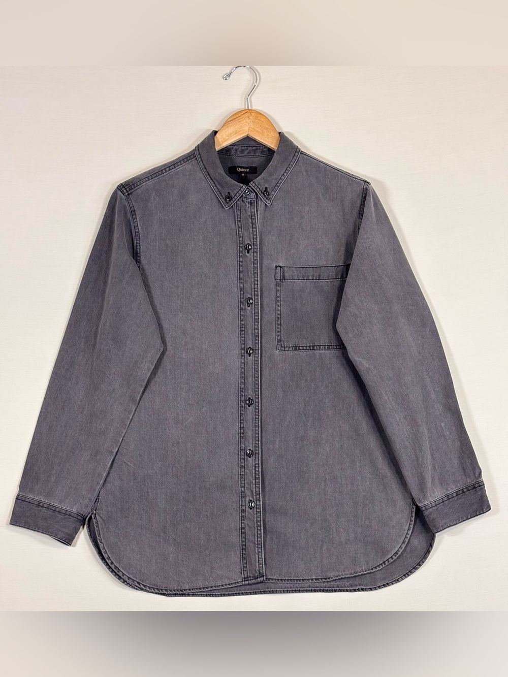 Quince Distressed Denim Oversized Shirt Washed Black Cotton Medium M